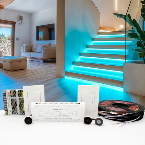 Motion Sensor LED Stair Lighting Kit / 40 Inches Long - Aqua Color LED Strip Light - IP20 - Wall Switch Panel