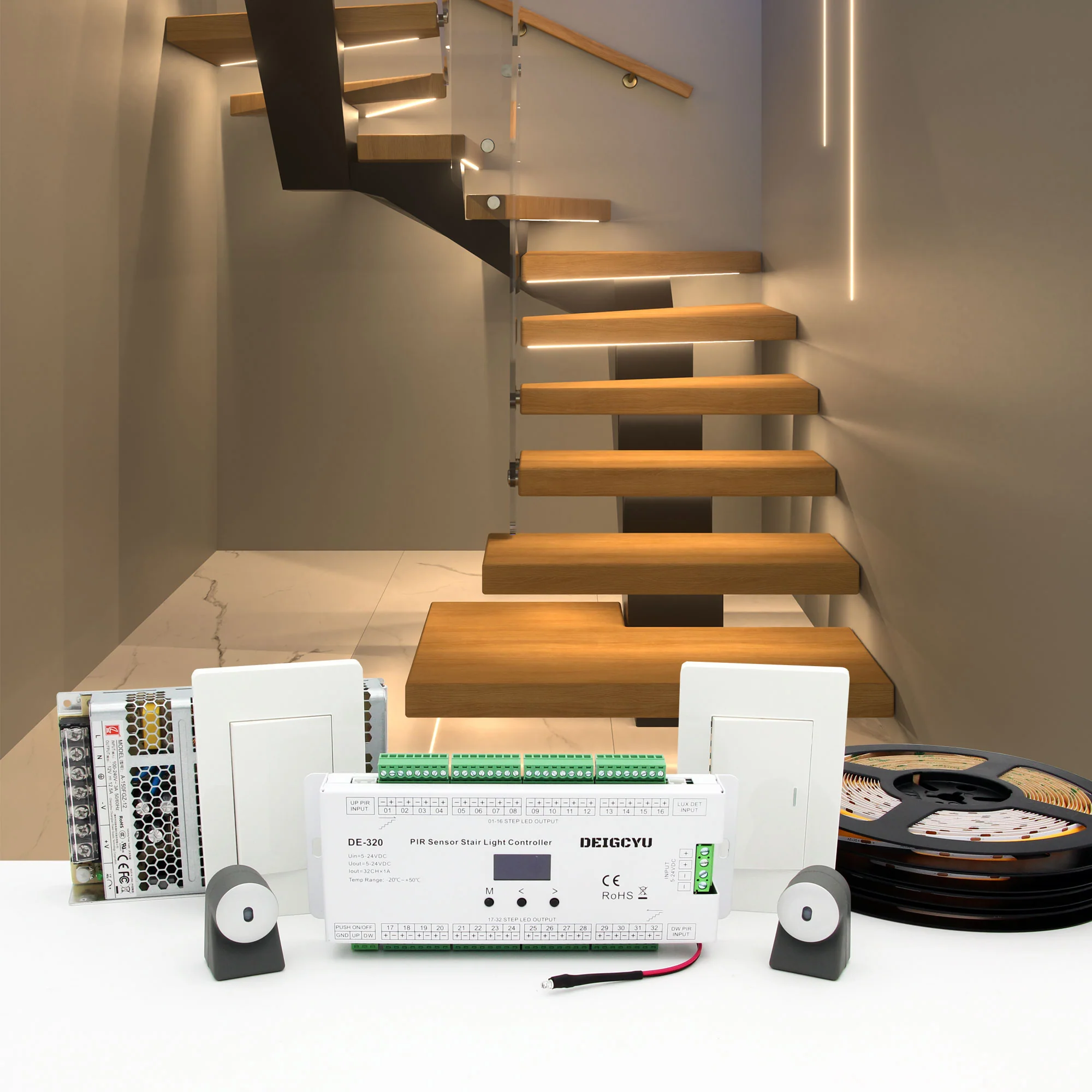 Motion-Activated LED Stair Lighting Kit / 42" / 48" / 60" Long - 3000K Cuttable Strip Light for Indoor Floating Mono Stringer & Cantilever Stairs - IP20 - Wall Switch Panel