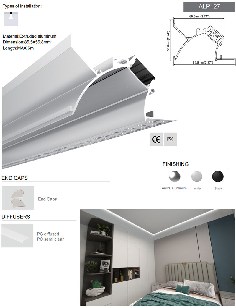 Side Bending Plaster-in LED Strip Channels For Cove Lighting - Recessed-Mount - For Strips Up To 10mm - 1m / 2m