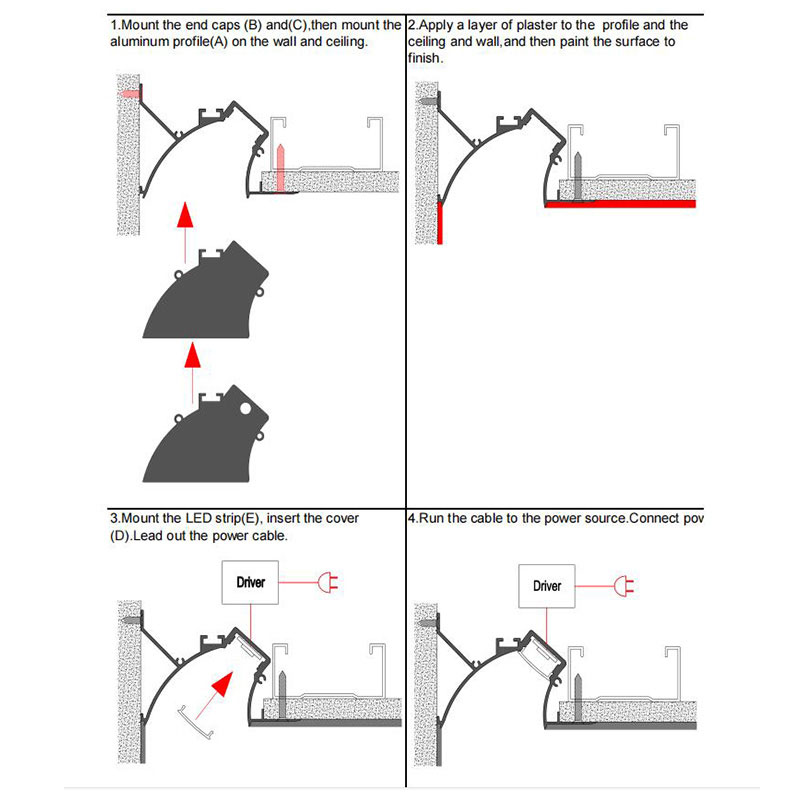 Side Bending Plaster-in LED Strip Channels For Cove Lighting - Recessed-Mount - For Strips Up To 10mm - 1m / 2m