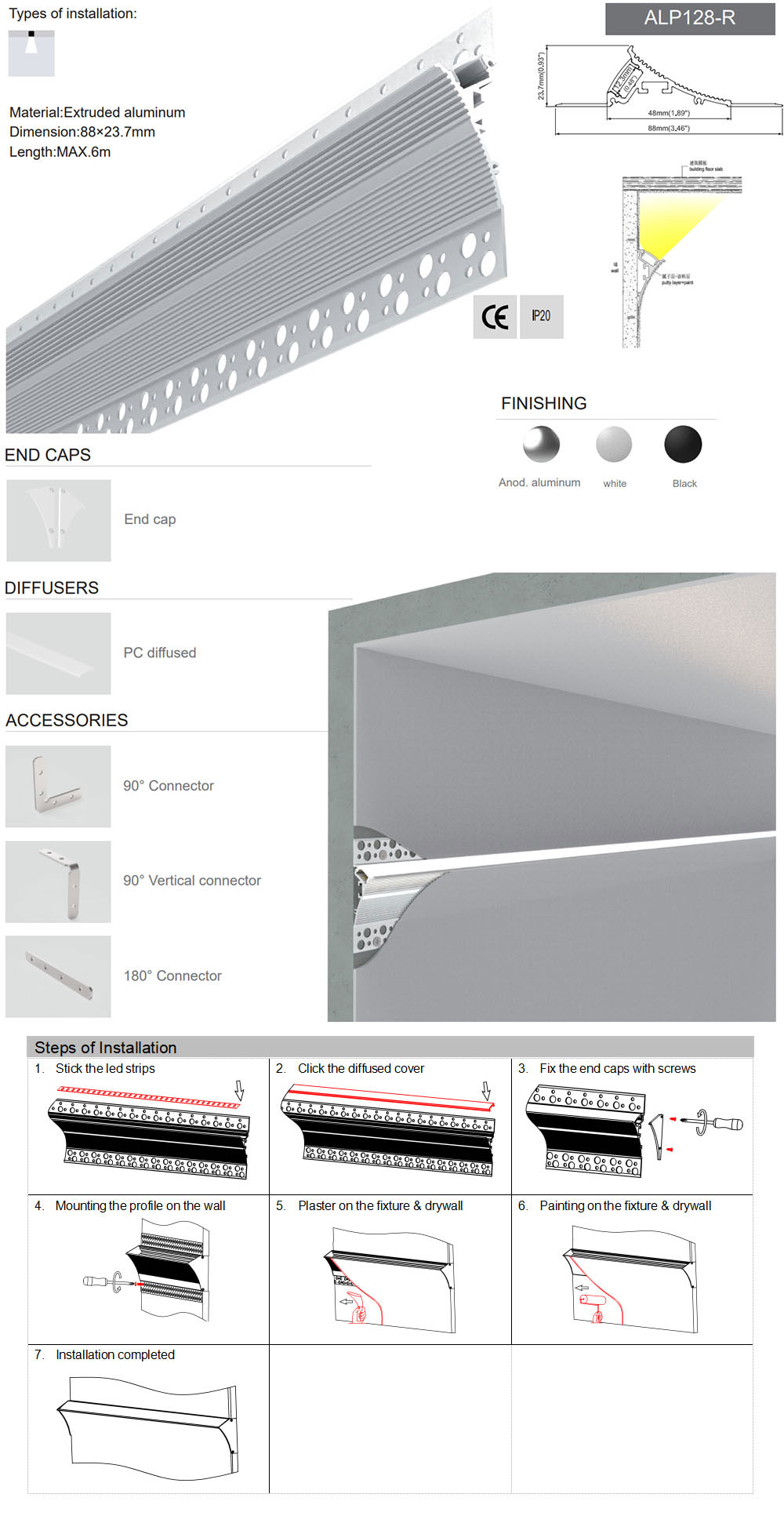 Side Bending Plaster-in LED Strip Channels For Cove Lighting - Recessed-Mount - For Strips Up To 10mm - 1m / 2m