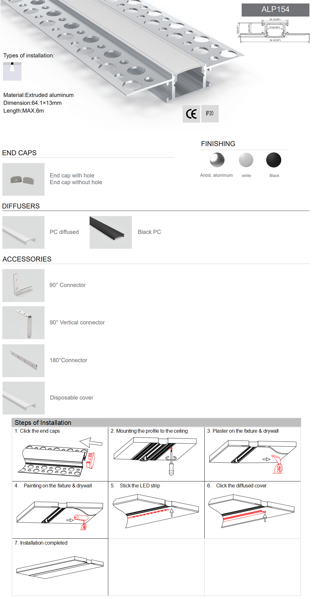 Side Bending Plaster-in LED Strip Channels For Cove Lighting - Recessed-Mount - For Strips Up To 10mm - 1m / 2m