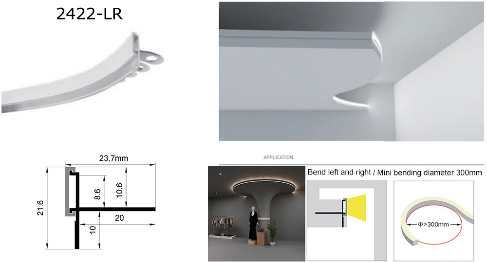Side Bending Plaster-in LED Strip Channels For Cove Lighting - Recessed-Mount - For Strips Up To 10mm - 1m / 2m