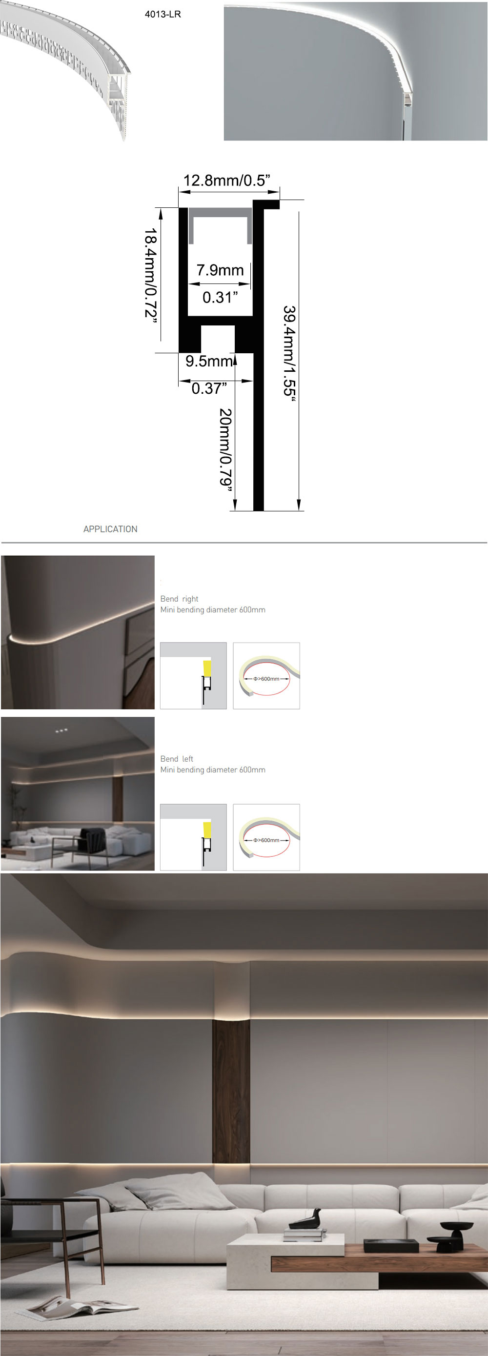 Side Bending Plaster-in LED Strip Channels For Cove Lighting - Recessed-Mount - For Strips Up To 10mm - 1m / 2m