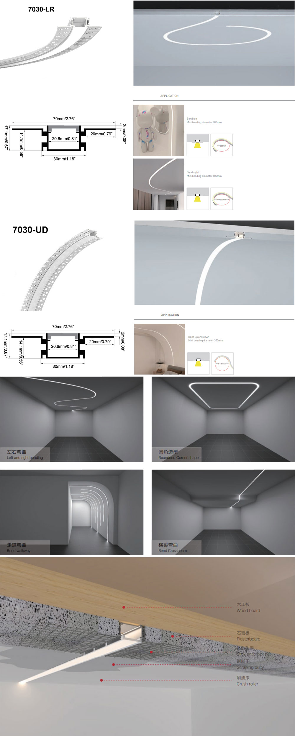 Side Bending Plaster-in LED Strip Channels For Cove Lighting - Recessed-Mount - For Strips Up To 10mm - 1m / 2m