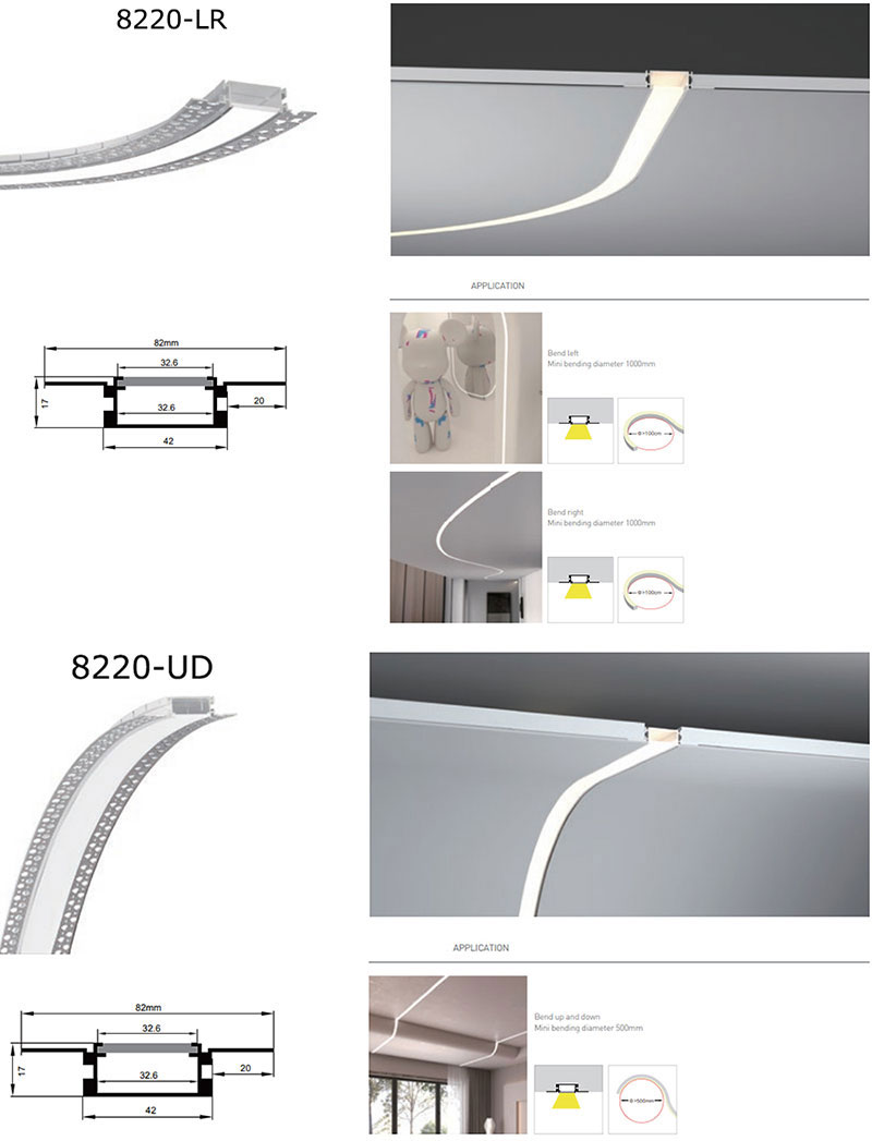 Side Bending Plaster-in LED Strip Channels For Cove Lighting - Recessed-Mount - For Strips Up To 10mm - 1m / 2m