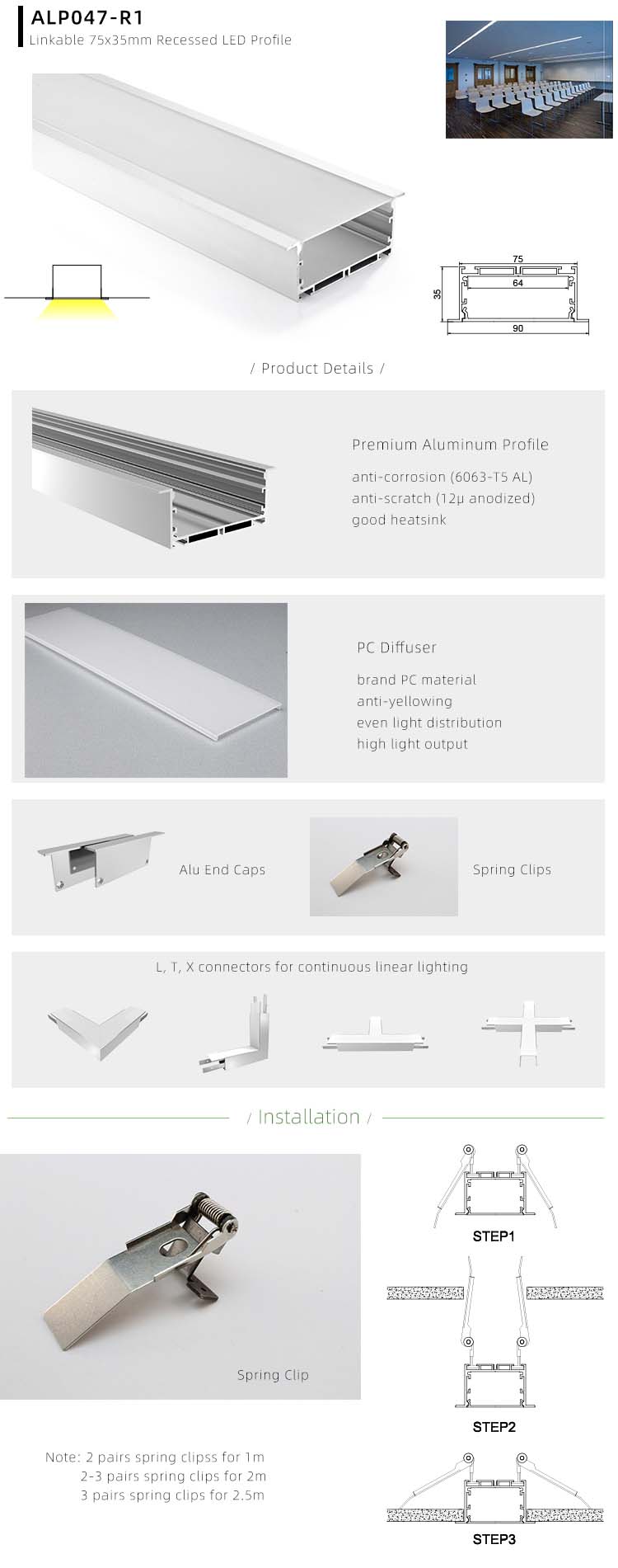 Side Bending Plaster-in LED Strip Channels For Cove Lighting - Recessed-Mount - For Strips Up To 10mm - 1m / 2m