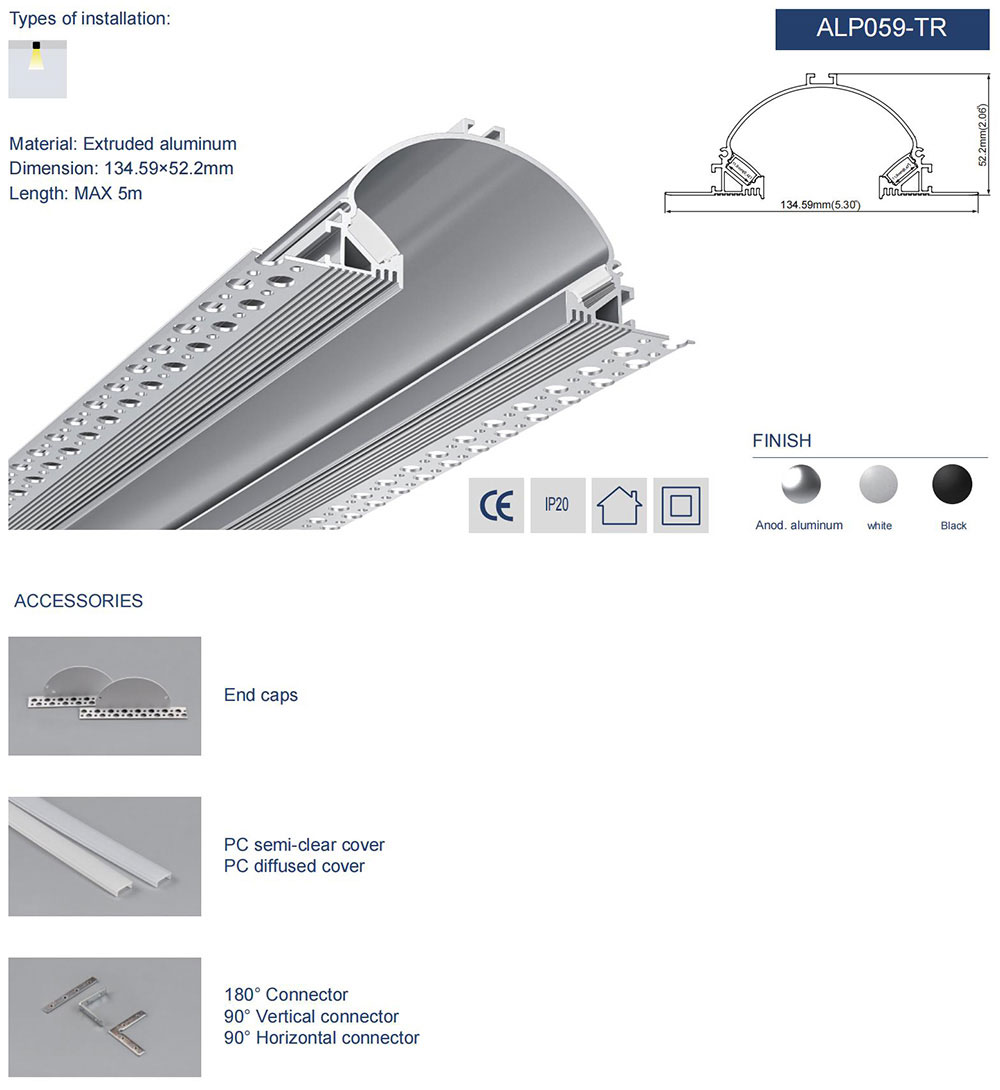 Side Bending Plaster-in LED Strip Channels For Cove Lighting - Recessed-Mount - For Strips Up To 10mm - 1m / 2m