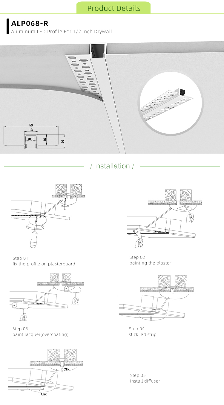 Side Bending Plaster-in LED Strip Channels For Cove Lighting - Recessed-Mount - For Strips Up To 10mm - 1m / 2m