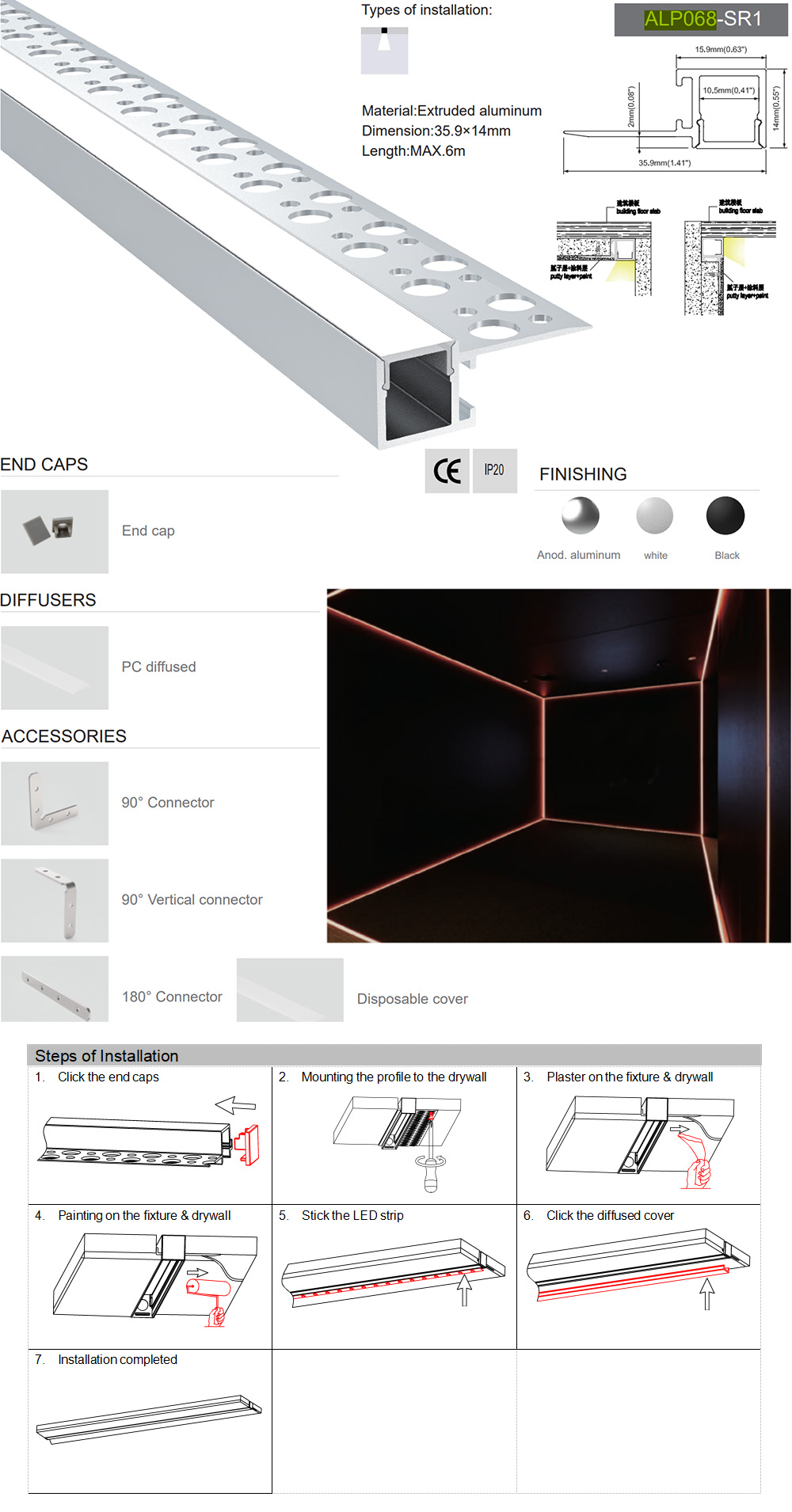 Side Bending Plaster-in LED Strip Channels For Cove Lighting - Recessed-Mount - For Strips Up To 10mm - 1m / 2m