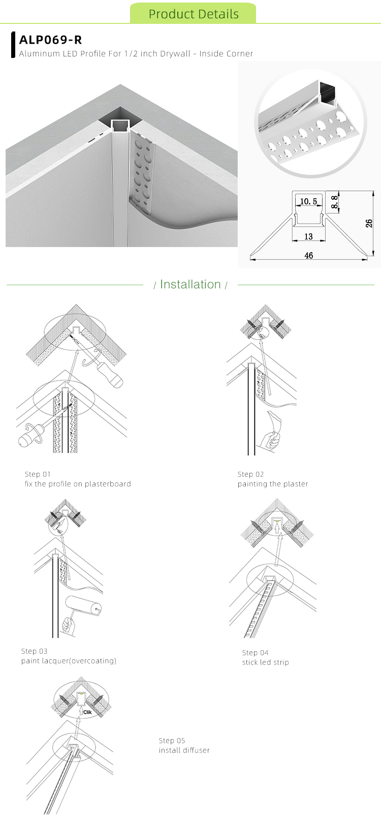 Side Bending Plaster-in LED Strip Channels For Cove Lighting - Recessed-Mount - For Strips Up To 10mm - 1m / 2m