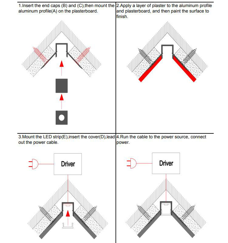 Side Bending Plaster-in LED Strip Channels For Cove Lighting - Recessed-Mount - For Strips Up To 10mm - 1m / 2m