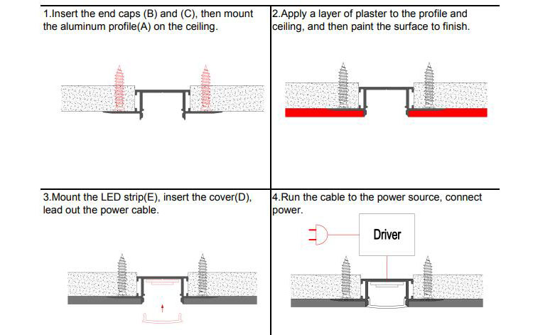 Side Bending Plaster-in LED Strip Channels For Cove Lighting - Recessed-Mount - For Strips Up To 10mm - 1m / 2m