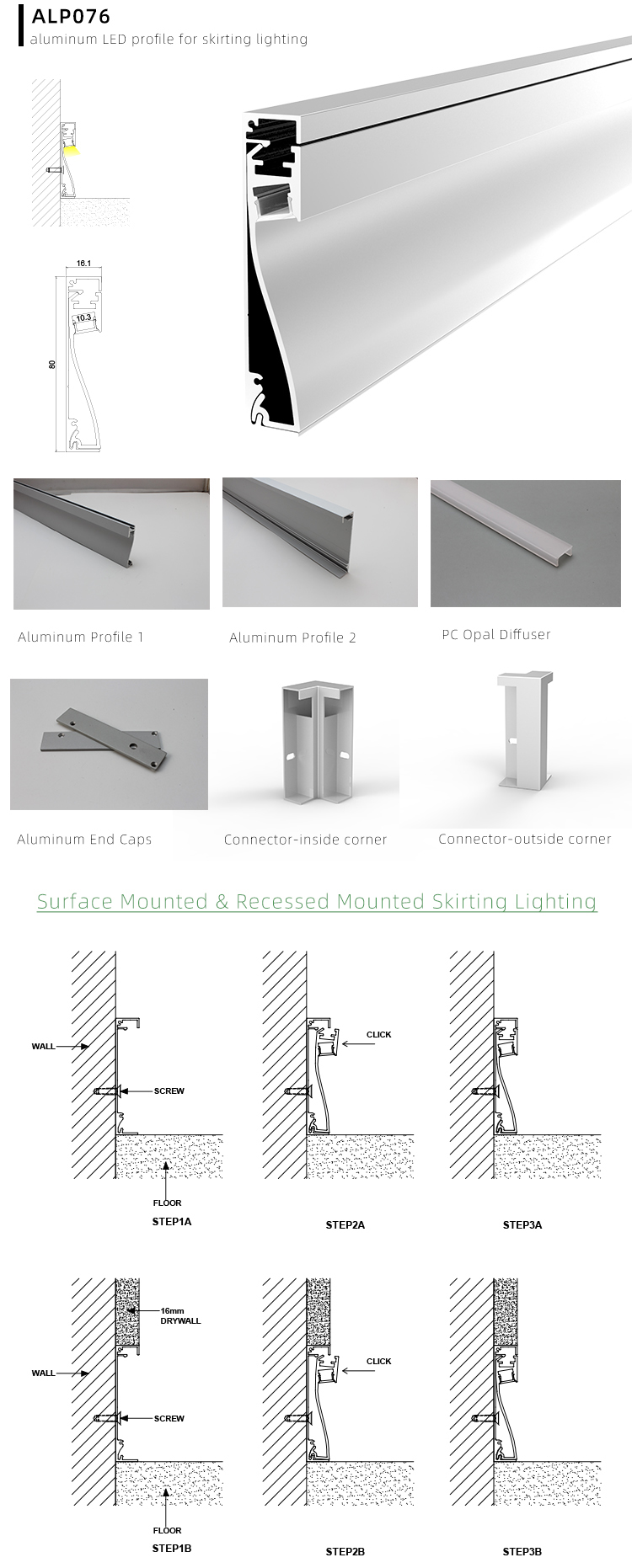 Side Bending Plaster-in LED Strip Channels For Cove Lighting - Recessed-Mount - For Strips Up To 10mm - 1m / 2m