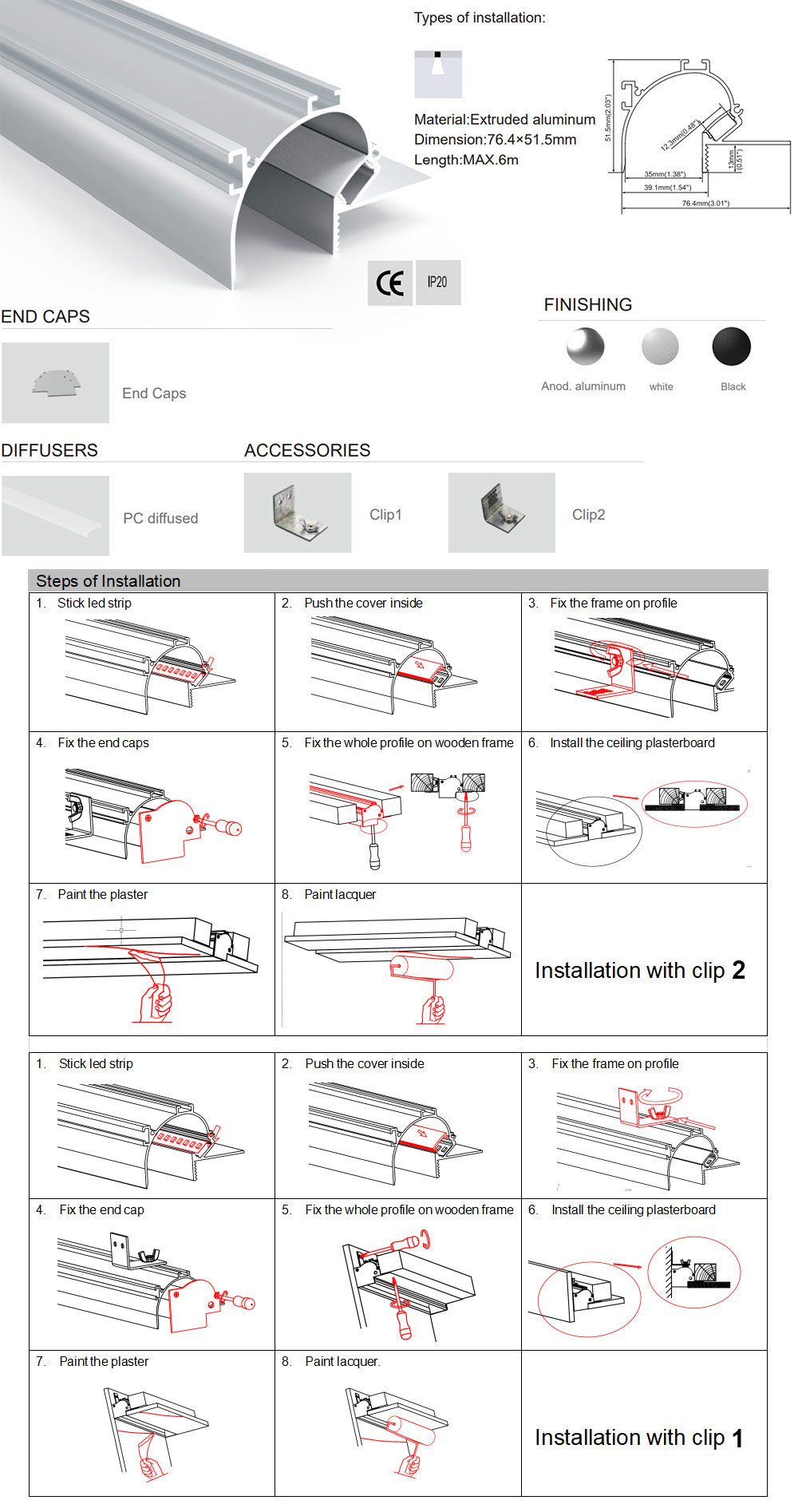 Side Bending Plaster-in LED Strip Channels For Cove Lighting - Recessed-Mount - For Strips Up To 10mm - 1m / 2m