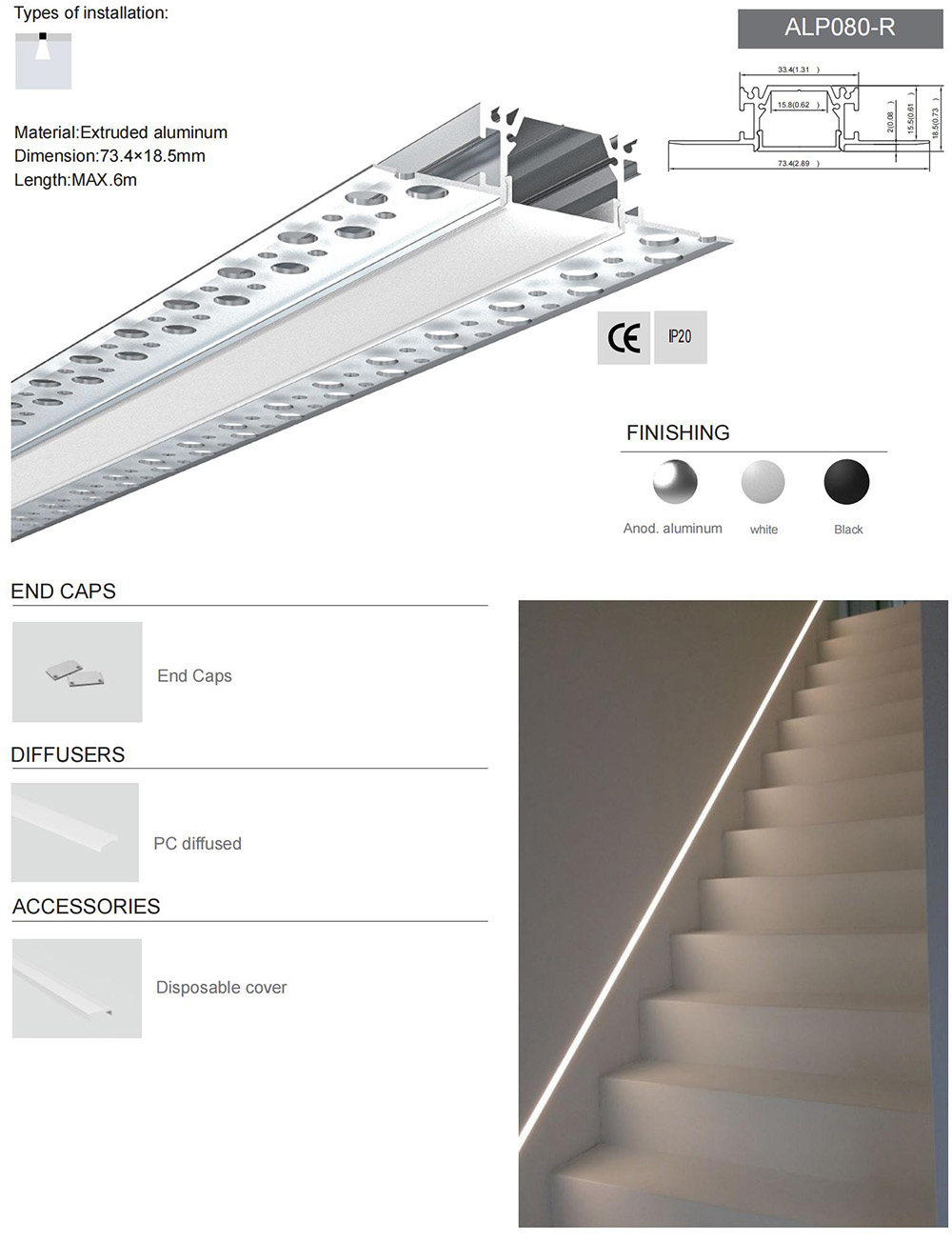 Side Bending Plaster-in LED Strip Channels For Cove Lighting - Recessed-Mount - For Strips Up To 10mm - 1m / 2m