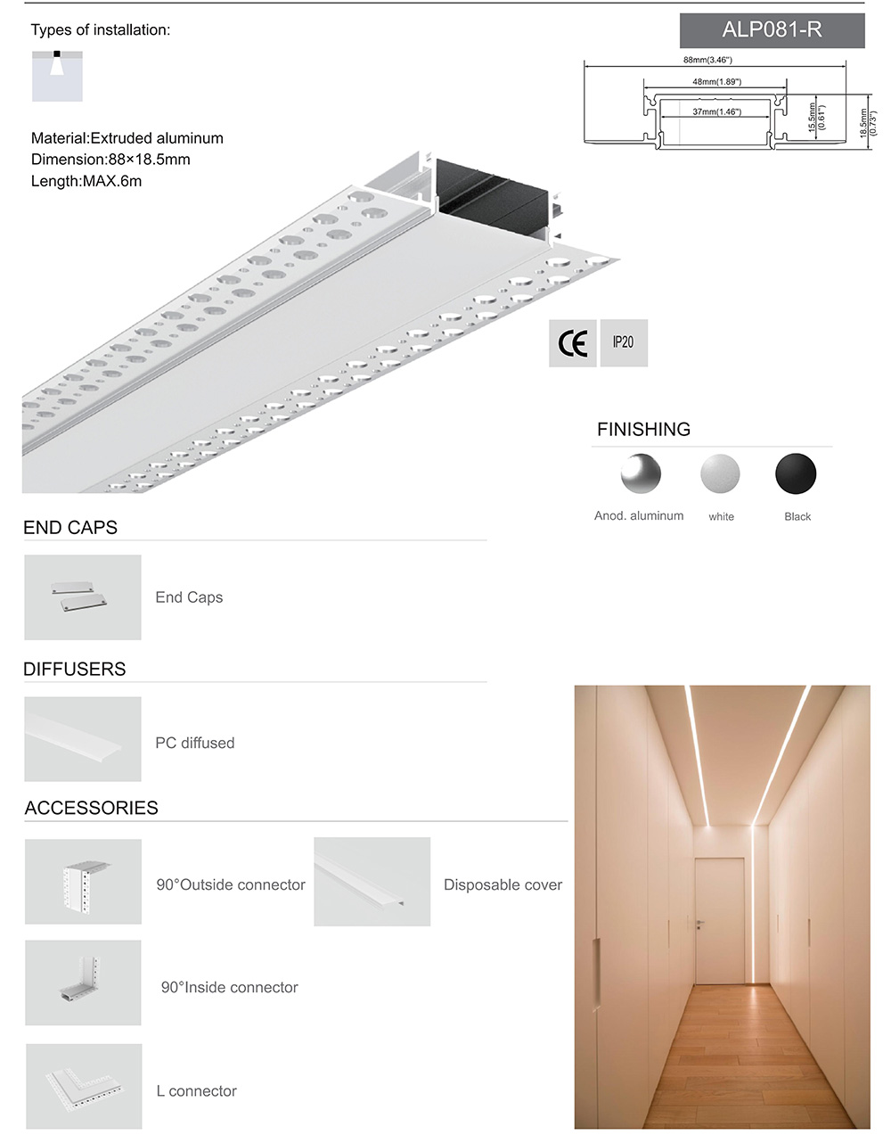 Side Bending Plaster-in LED Strip Channels For Cove Lighting - Recessed-Mount - For Strips Up To 10mm - 1m / 2m