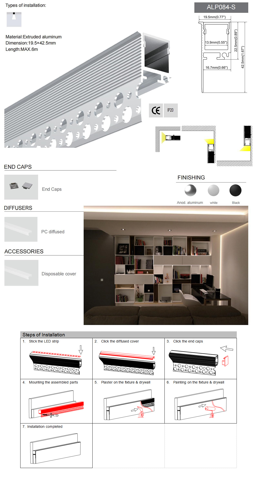 Side Bending Plaster-in LED Strip Channels For Cove Lighting - Recessed-Mount - For Strips Up To 10mm - 1m / 2m