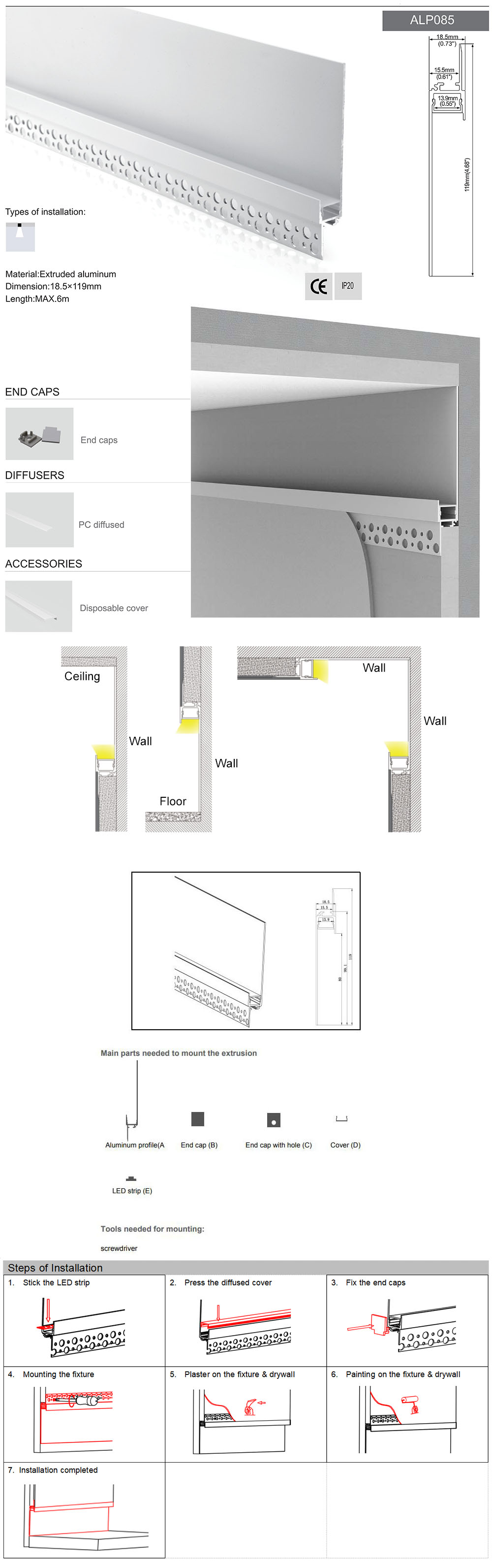 Side Bending Plaster-in LED Strip Channels For Cove Lighting - Recessed-Mount - For Strips Up To 10mm - 1m / 2m