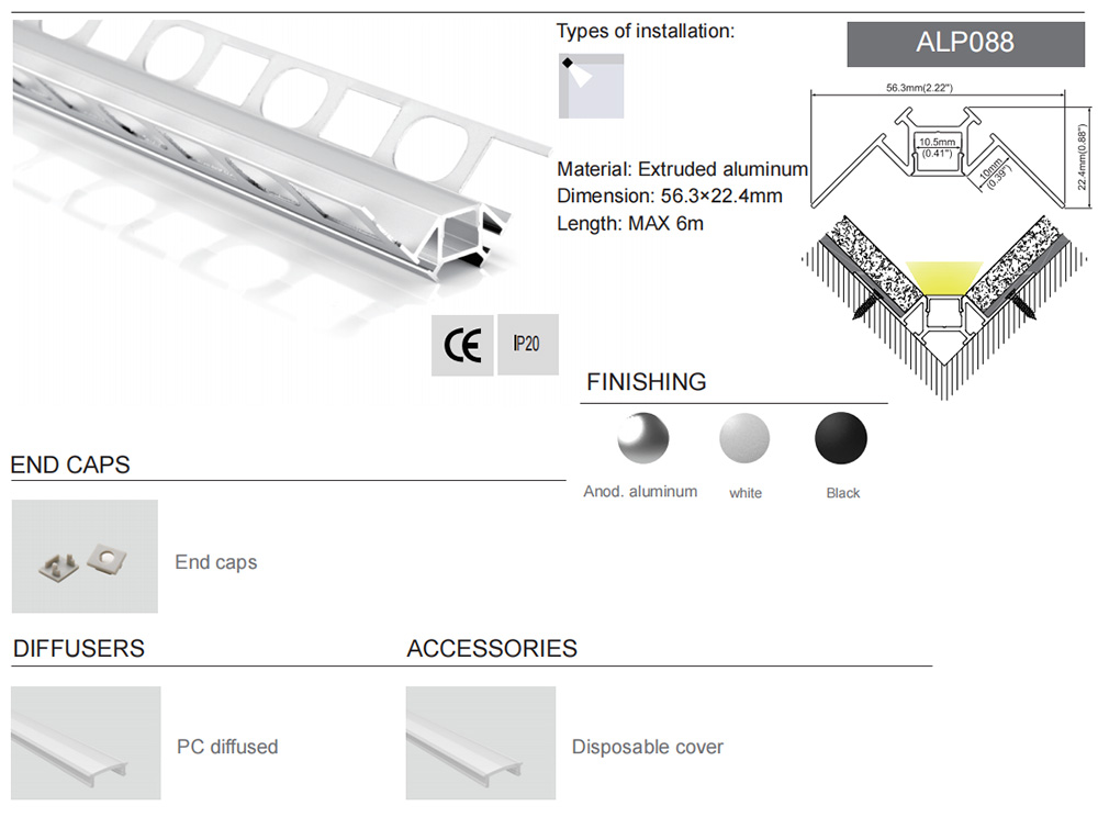 Side Bending Plaster-in LED Strip Channels For Cove Lighting - Recessed-Mount - For Strips Up To 10mm - 1m / 2m