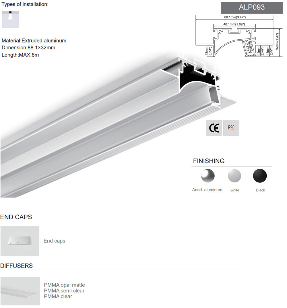 Side Bending Plaster-in LED Strip Channels For Cove Lighting - Recessed-Mount - For Strips Up To 10mm - 1m / 2m