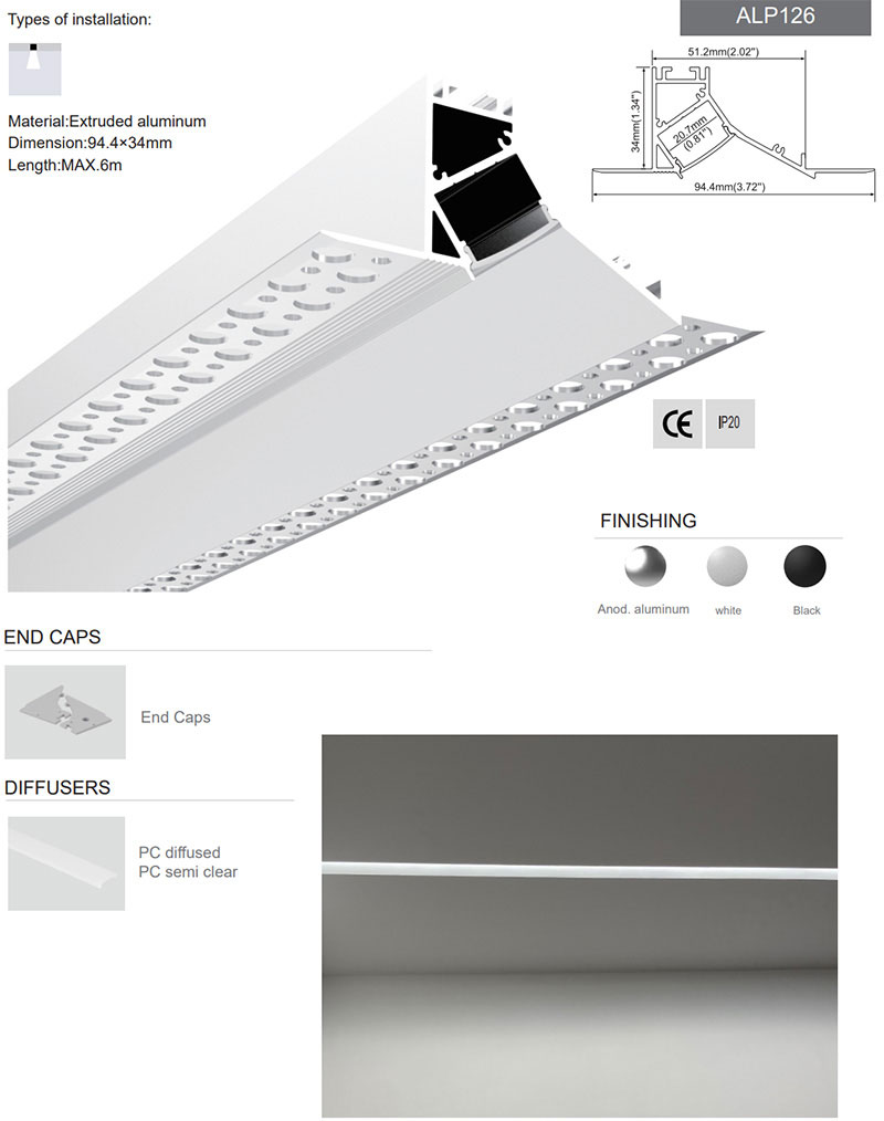 Side Bending Plaster-in LED Strip Channels For Cove Lighting - Recessed-Mount - For Strips Up To 10mm - 1m / 2m