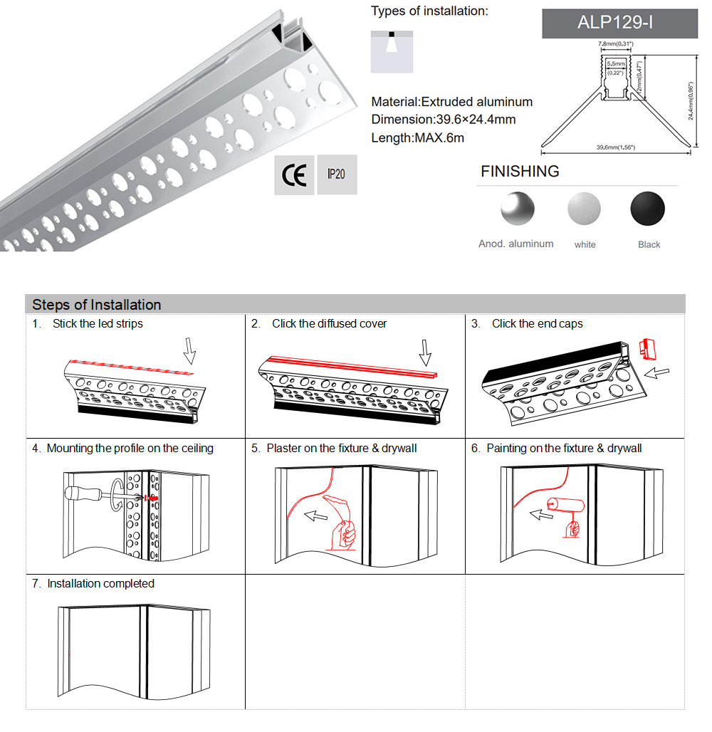 Side Bending Plaster-in LED Strip Channels For Cove Lighting - Recessed-Mount - For Strips Up To 10mm - 1m / 2m