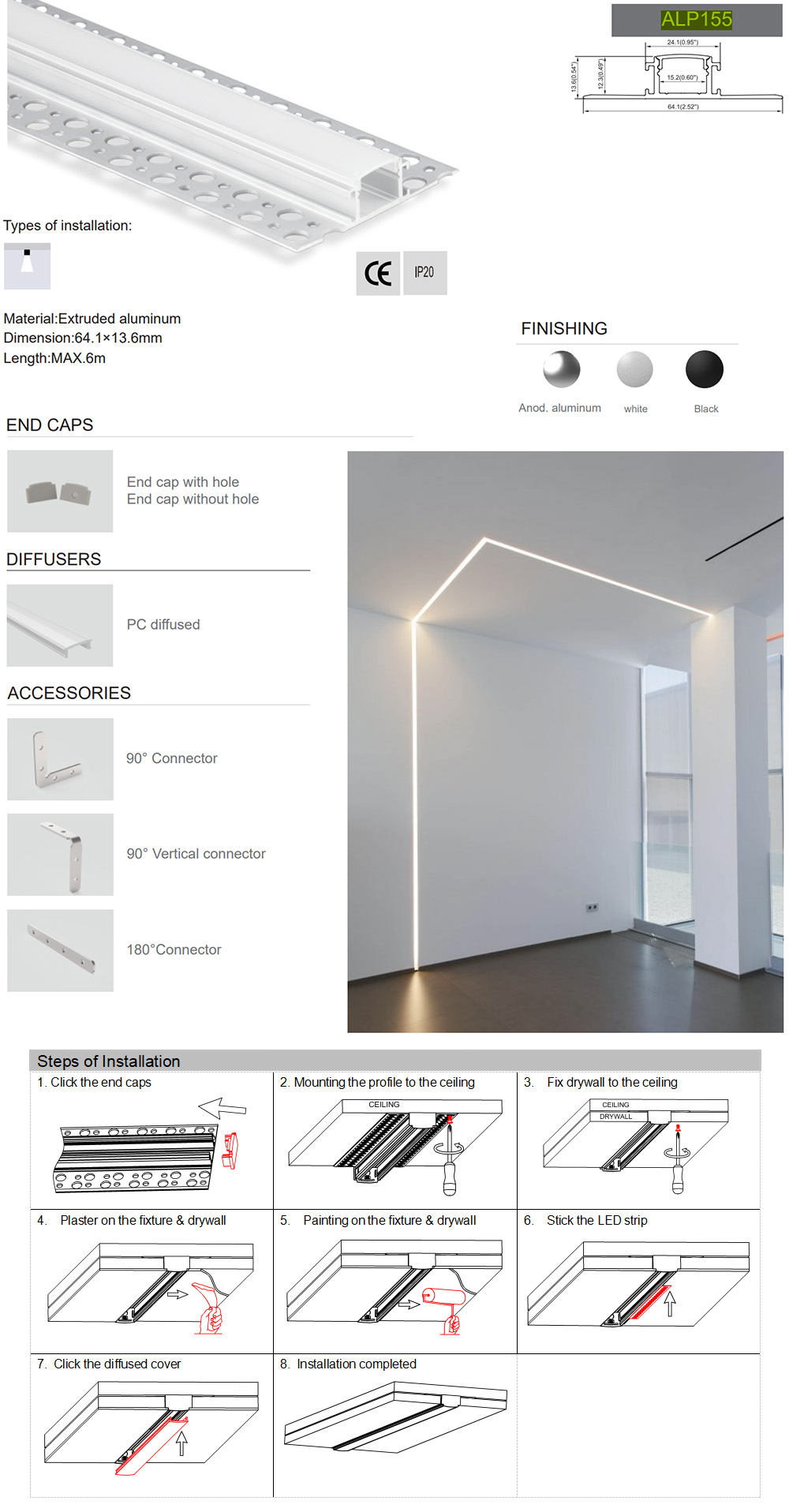 Side Bending Plaster-in LED Strip Channels For Cove Lighting - Recessed-Mount - For Strips Up To 10mm - 1m / 2m