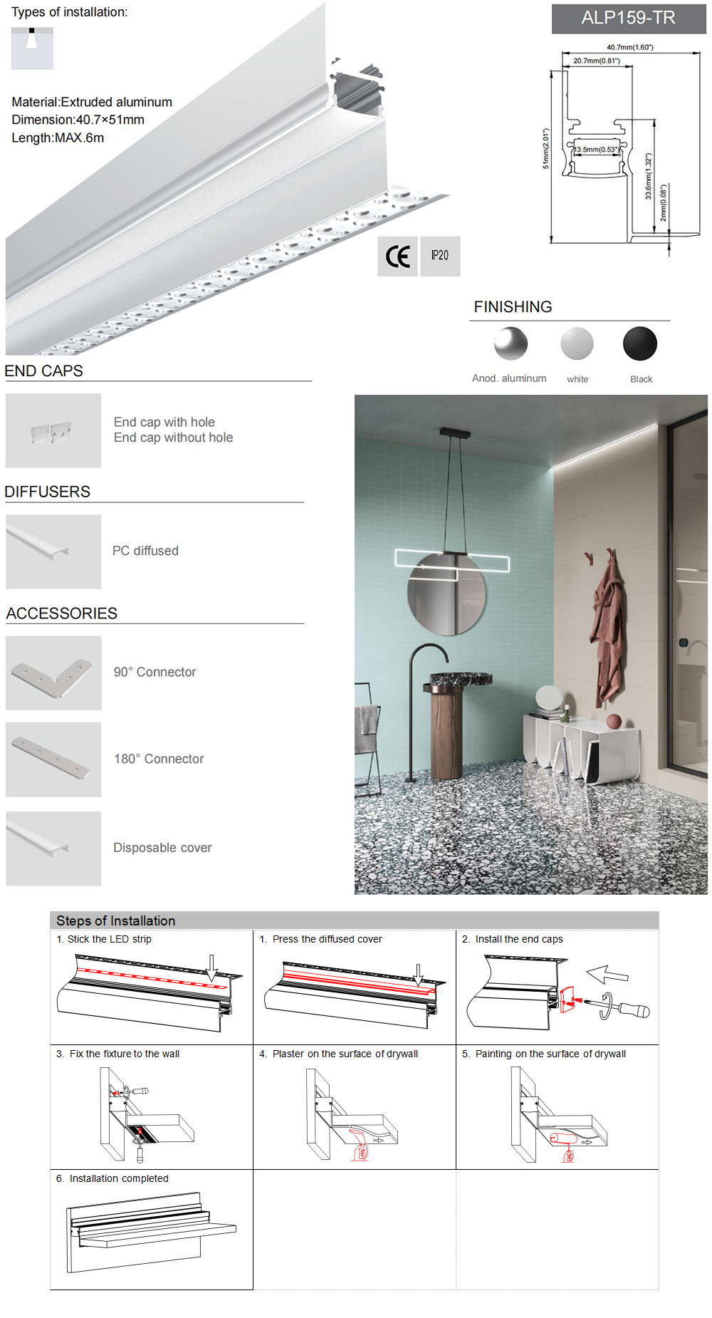 Side Bending Plaster-in LED Strip Channels For Cove Lighting - Recessed-Mount - For Strips Up To 10mm - 1m / 2m