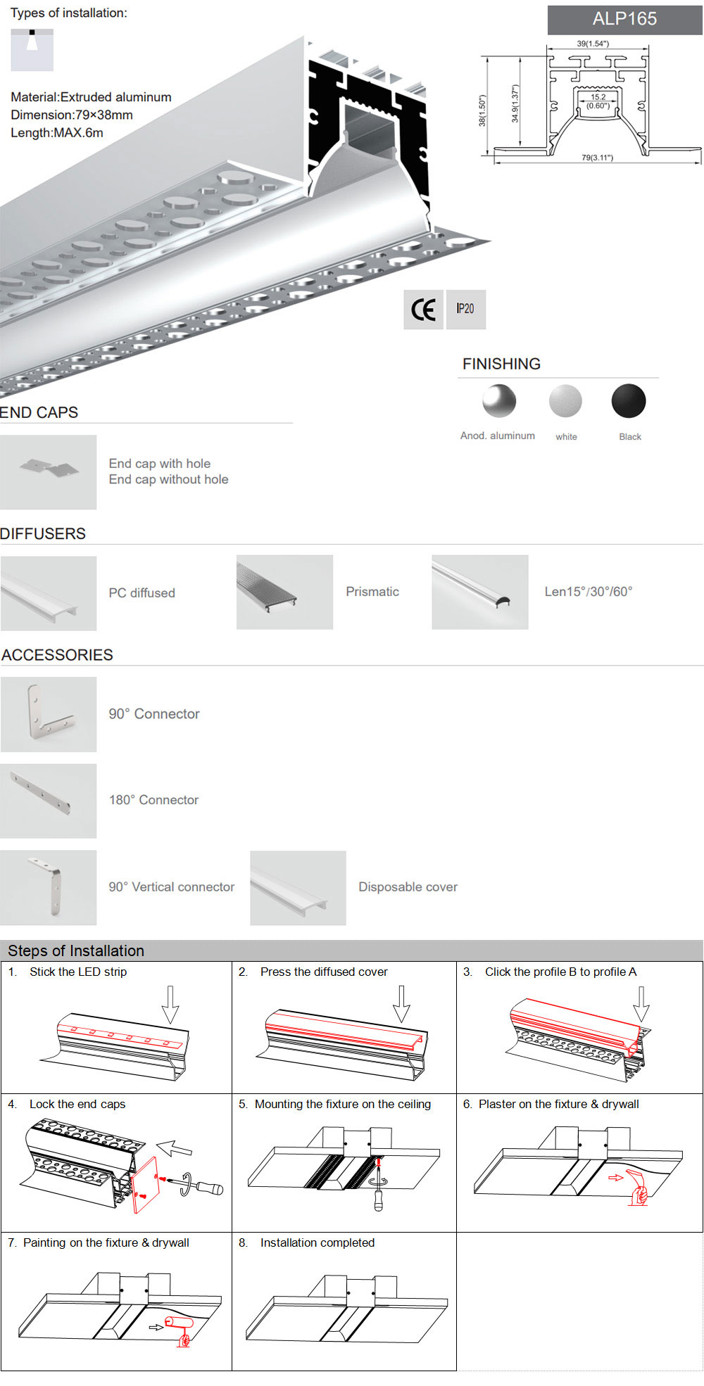 Side Bending Plaster-in LED Strip Channels For Cove Lighting - Recessed-Mount - For Strips Up To 10mm - 1m / 2m
