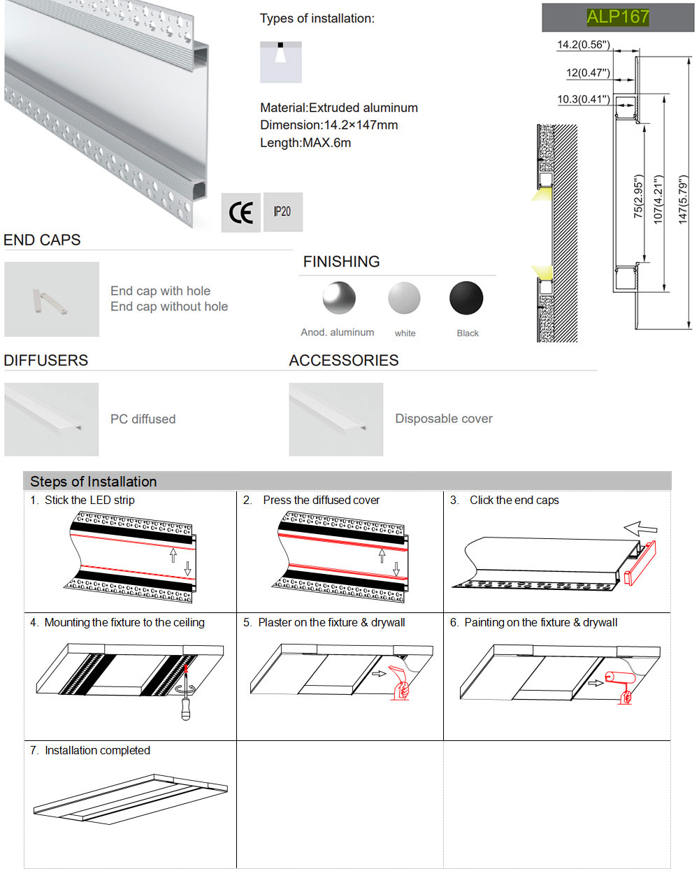 Side Bending Plaster-in LED Strip Channels For Cove Lighting - Recessed-Mount - For Strips Up To 10mm - 1m / 2m
