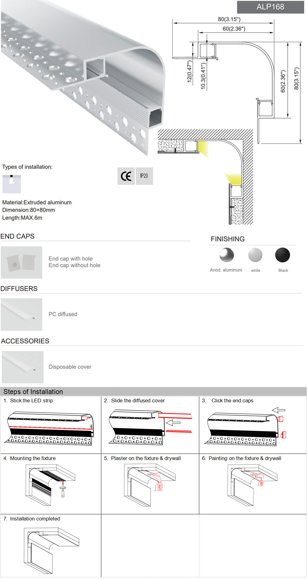 Side Bending Plaster-in LED Strip Channels For Cove Lighting - Recessed-Mount - For Strips Up To 10mm - 1m / 2m