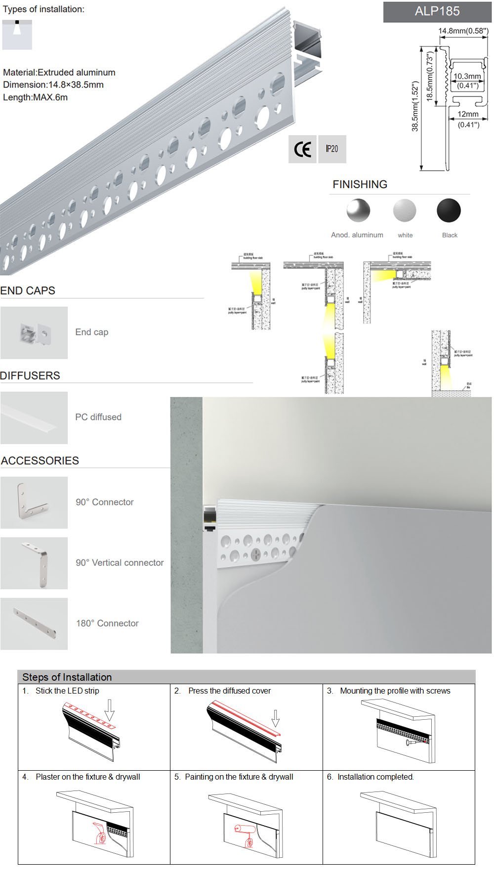 Side Bending Plaster-in LED Strip Channels For Cove Lighting - Recessed-Mount - For Strips Up To 10mm - 1m / 2m