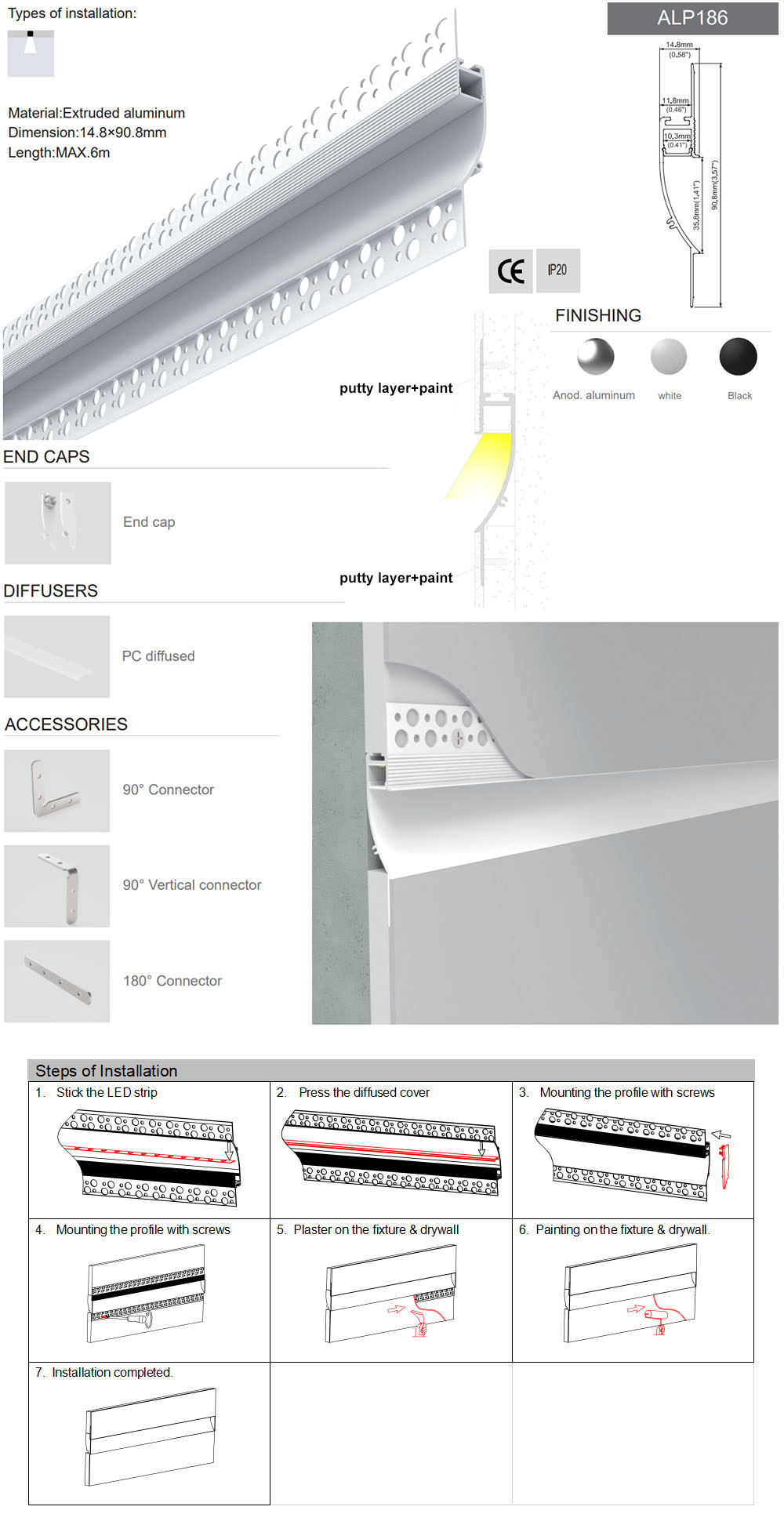 Side Bending Plaster-in LED Strip Channels For Cove Lighting - Recessed-Mount - For Strips Up To 10mm - 1m / 2m