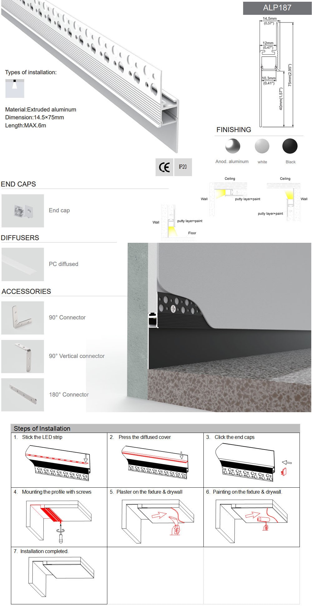 Side Bending Plaster-in LED Strip Channels For Cove Lighting - Recessed-Mount - For Strips Up To 10mm - 1m / 2m
