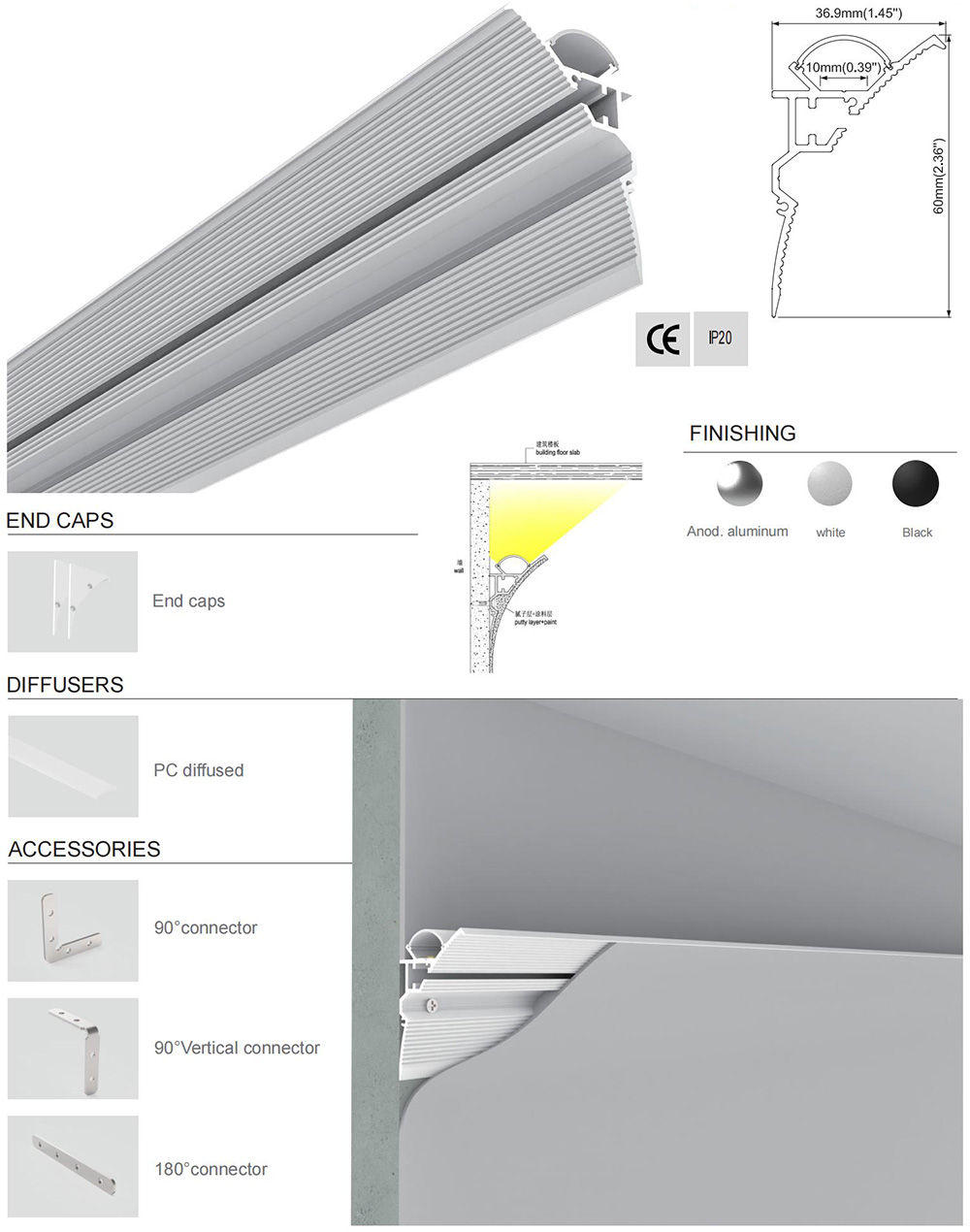 Side Bending Plaster-in LED Strip Channels For Cove Lighting - Recessed-Mount - For Strips Up To 10mm - 1m / 2m