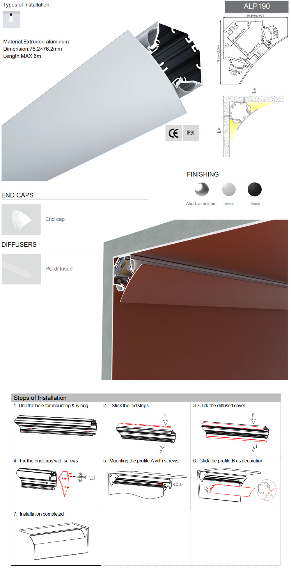Side Bending Plaster-in LED Strip Channels For Cove Lighting - Recessed-Mount - For Strips Up To 10mm - 1m / 2m