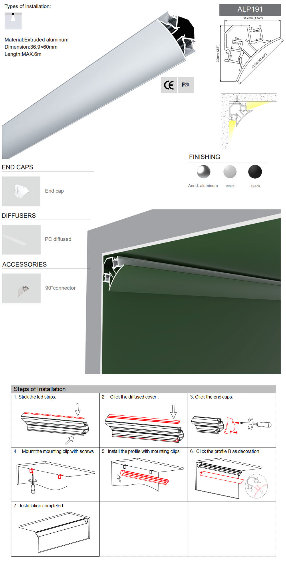 Side Bending Plaster-in LED Strip Channels For Cove Lighting - Recessed-Mount - For Strips Up To 10mm - 1m / 2m