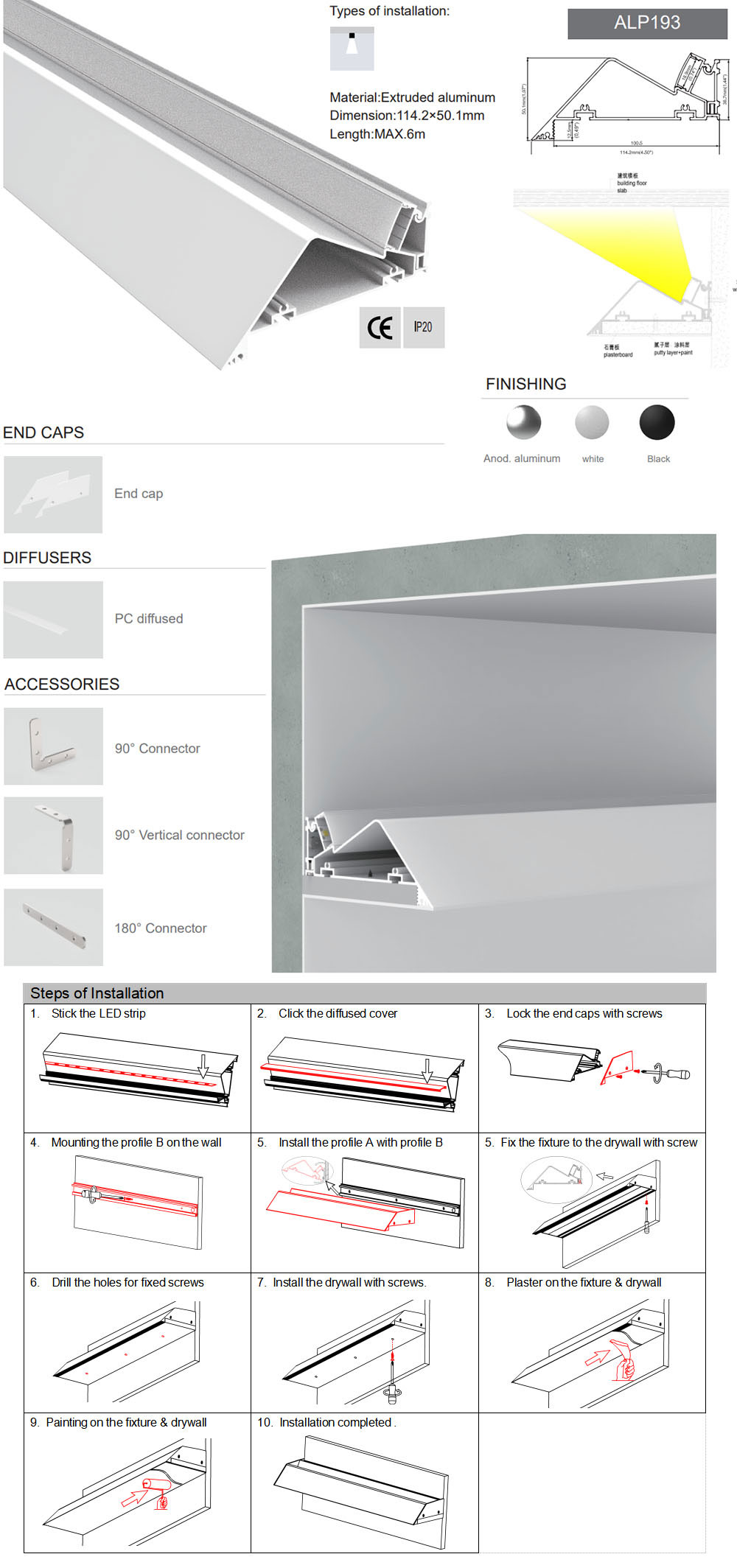 Side Bending Plaster-in LED Strip Channels For Cove Lighting - Recessed-Mount - For Strips Up To 10mm - 1m / 2m