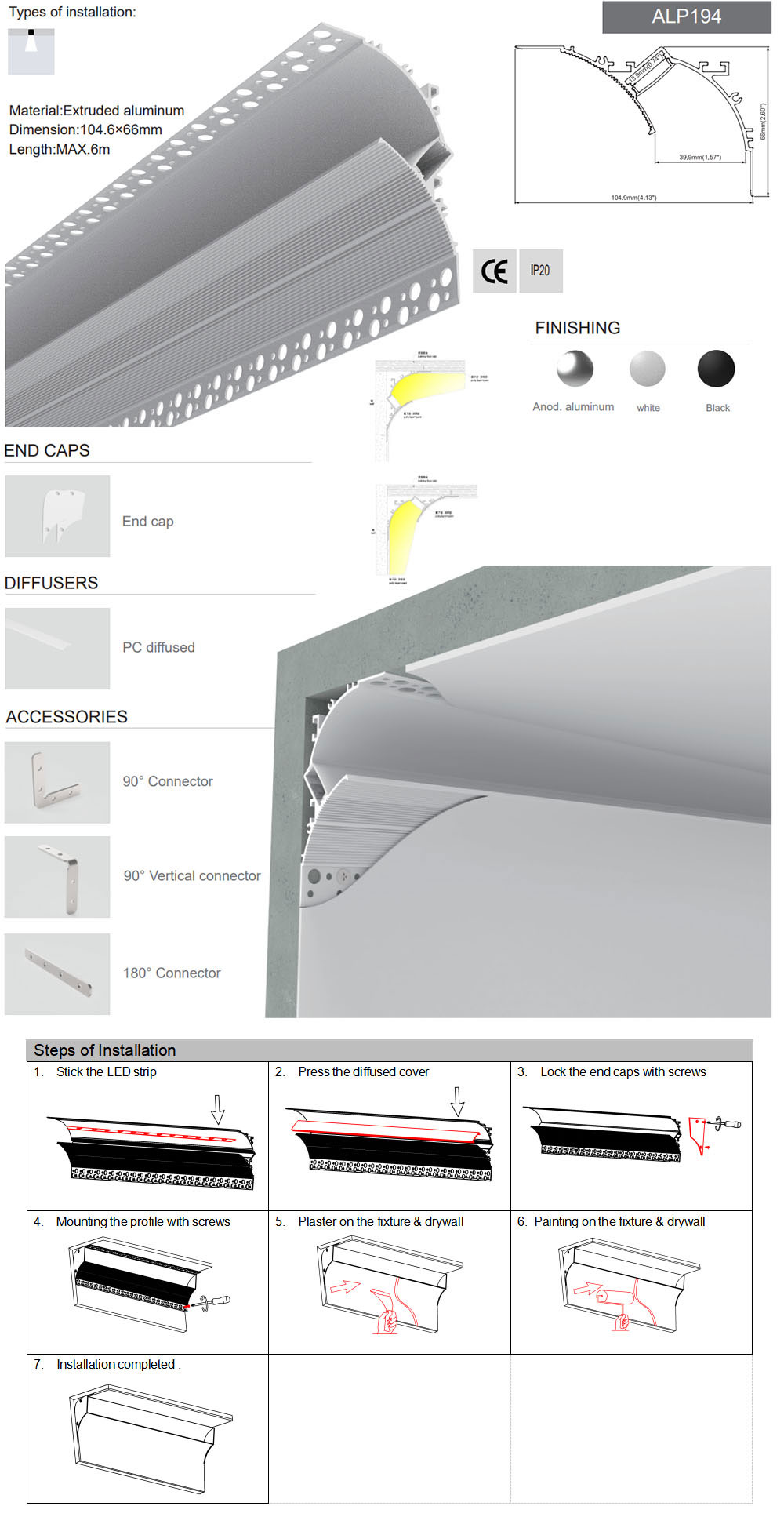Side Bending Plaster-in LED Strip Channels For Cove Lighting - Recessed-Mount - For Strips Up To 10mm - 1m / 2m
