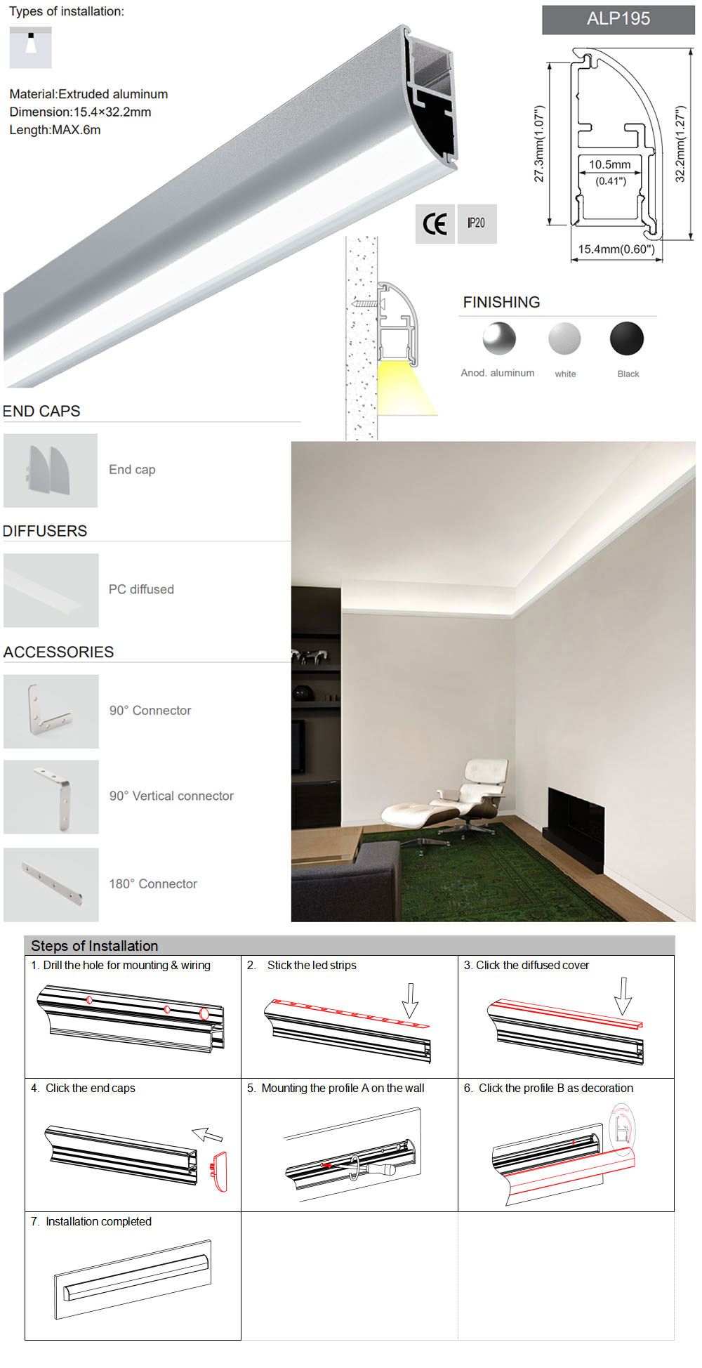 Side Bending Plaster-in LED Strip Channels For Cove Lighting - Recessed-Mount - For Strips Up To 10mm - 1m / 2m