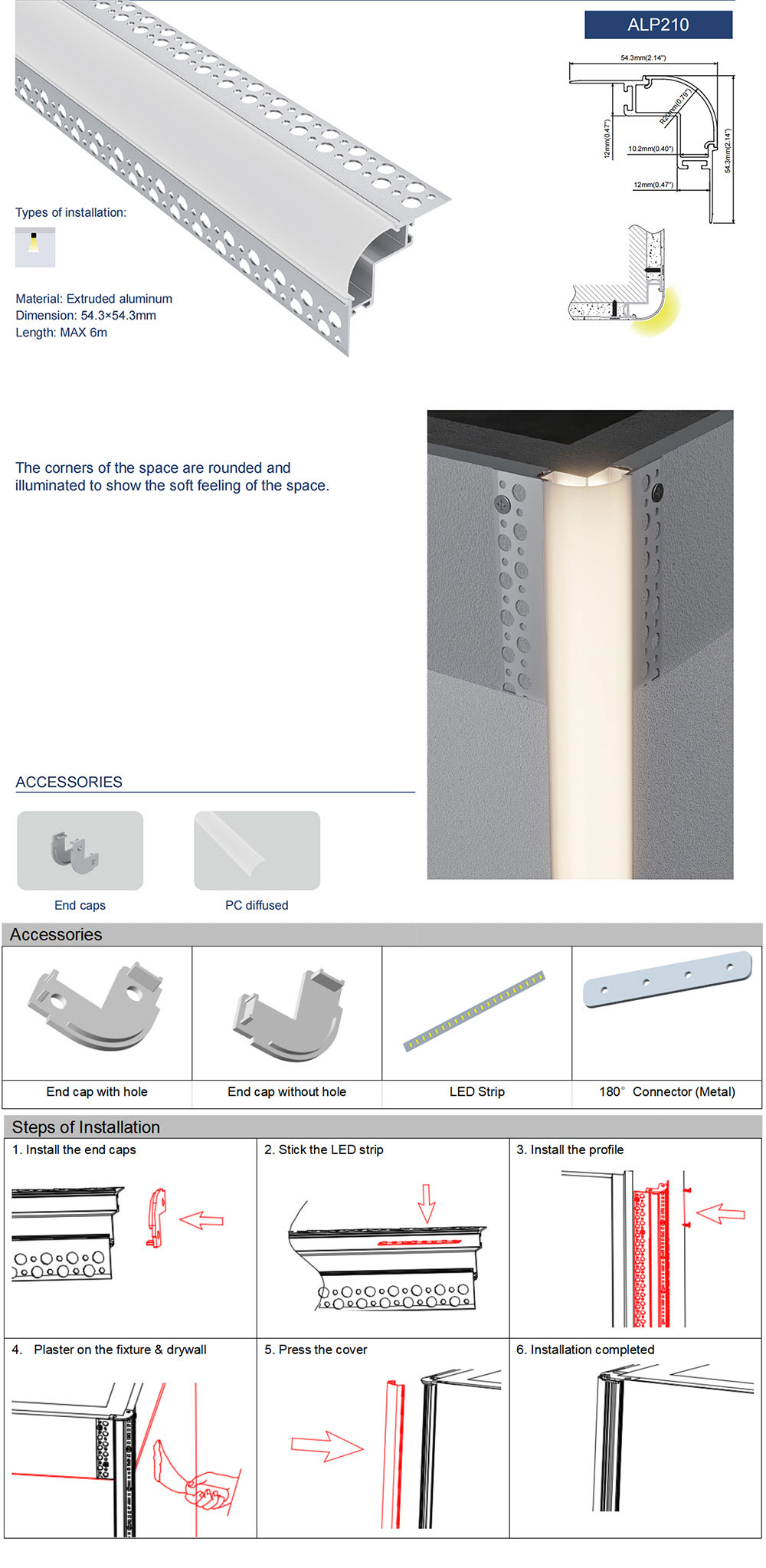 Side Bending Plaster-in LED Strip Channels For Cove Lighting - Recessed-Mount - For Strips Up To 10mm - 1m / 2m