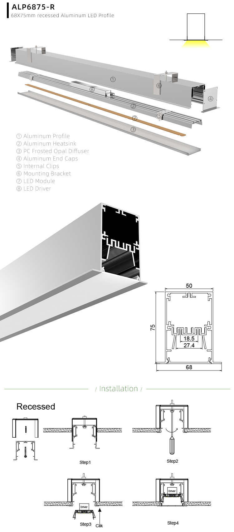 Side Bending Plaster-in LED Strip Channels For Cove Lighting - Recessed-Mount - For Strips Up To 10mm - 1m / 2m