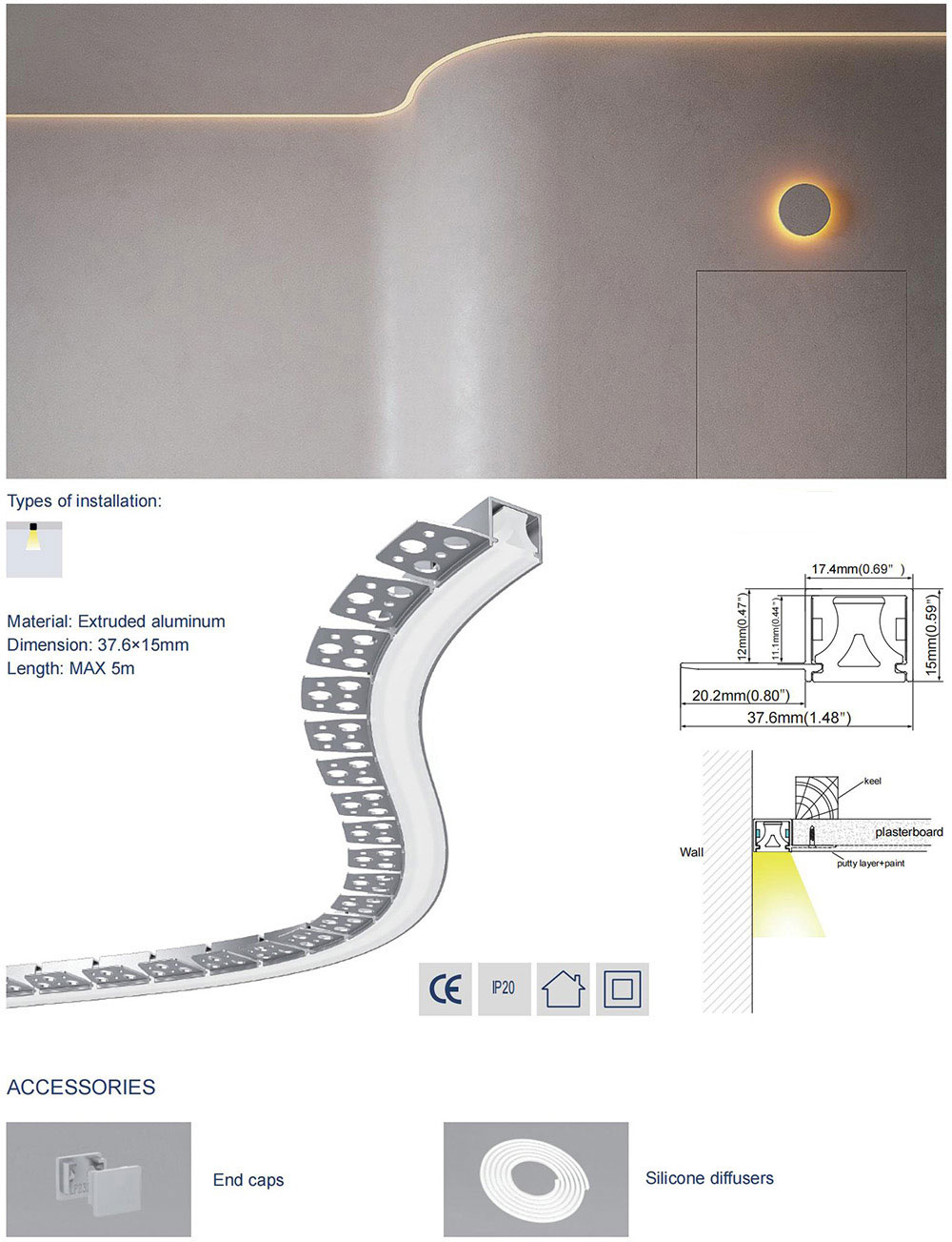 Side Bending Plaster-in LED Strip Channels For Cove Lighting - Recessed-Mount - For Strips Up To 10mm - 1m / 2m