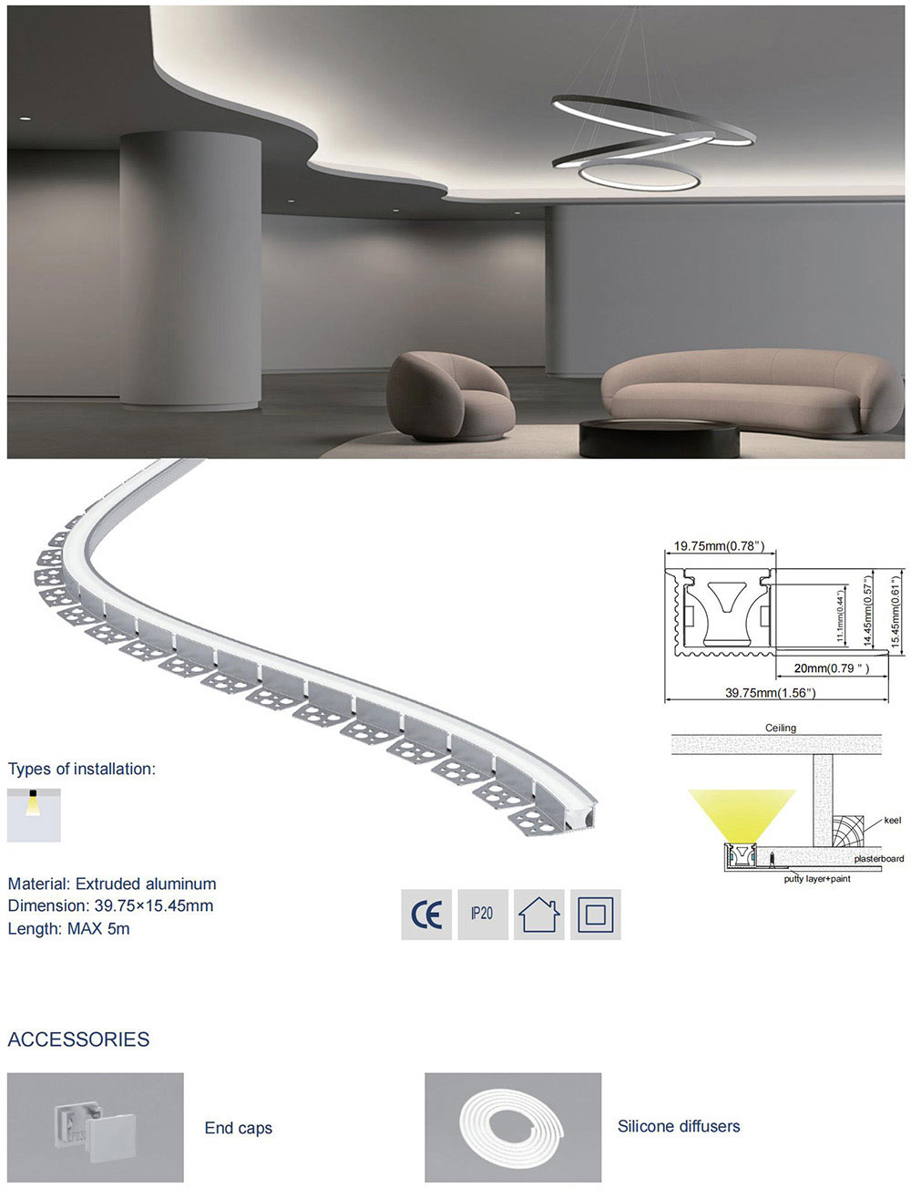 Curved False Ceiling Edge Recessed Bendable LED Channels - Recessed-Mount - For Strips Up To 10mm - 1m / 2m