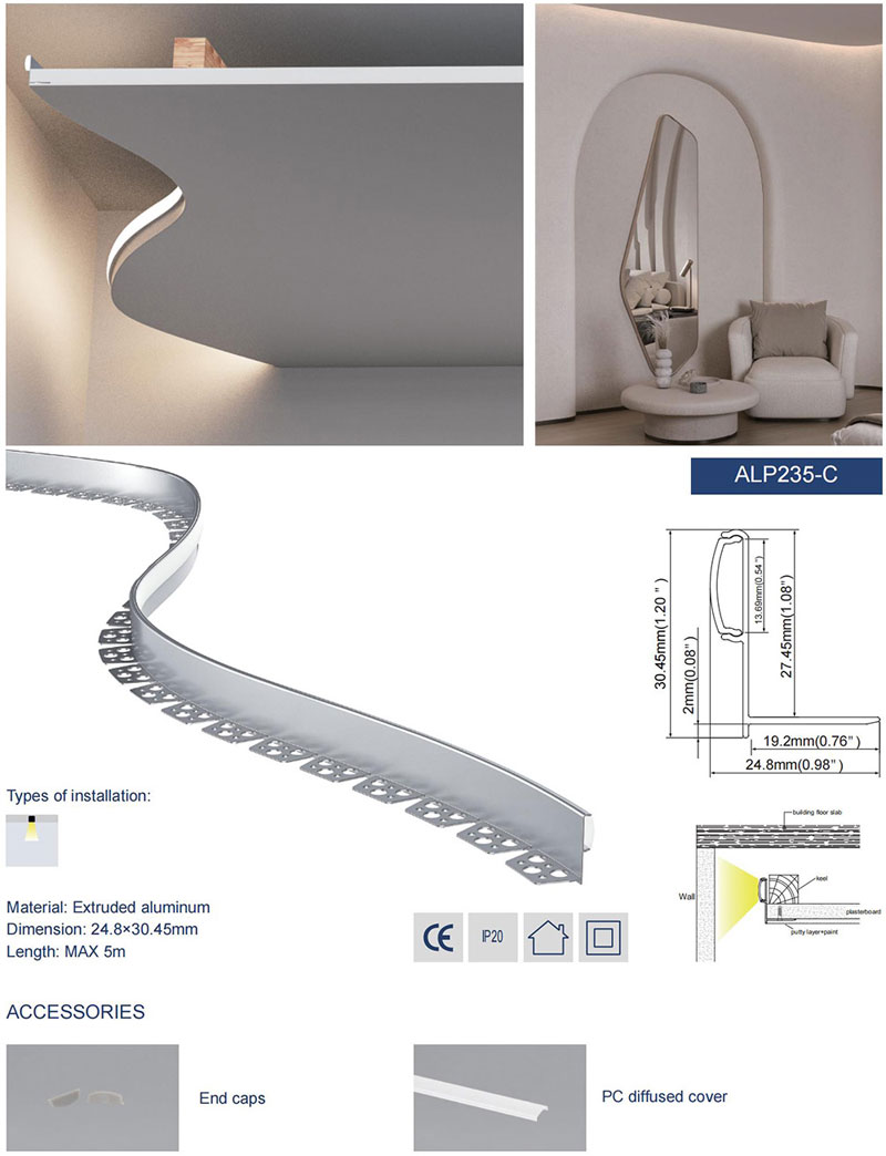 Curved False Ceiling Edge Recessed Bendable LED Channels - Recessed-Mount - For Strips Up To 10mm - 1m / 2m