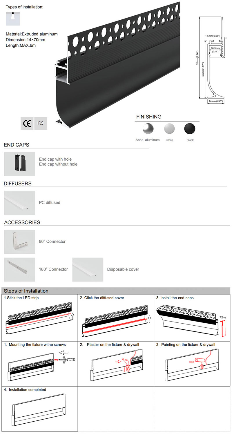 Trimless Plaster-in Black LED Channel For Baseboard Lighting - Recessed - For Strips Up To 10mm - 1m / 2m